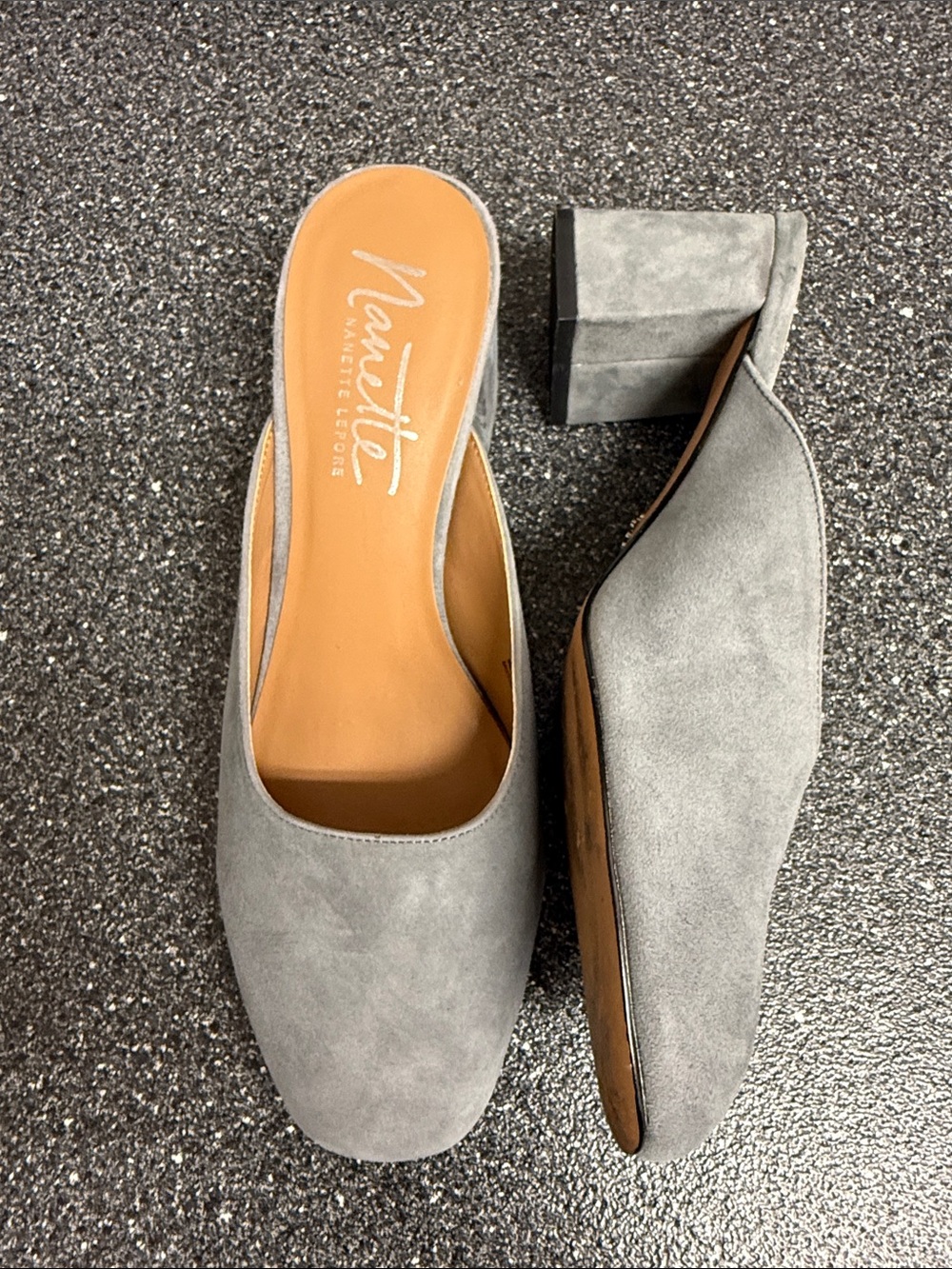 Nanette Lepore Light Gray Suede Block Heel Mules